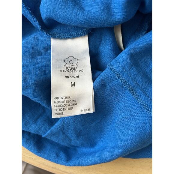 FARM RIO Linen Dress Med Blue Cut Out Off Shoulder Boho Artsy Coastal Nautical - Picture 9 of 16